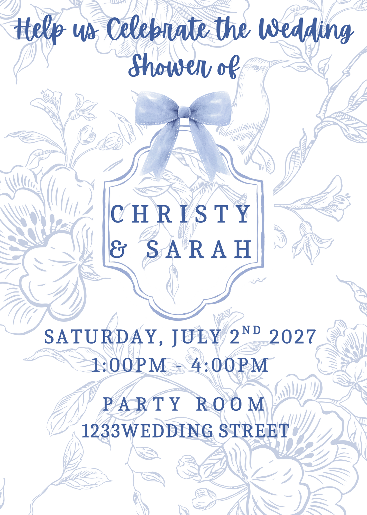 Blue Floral Pattern Wedding Shower Invite