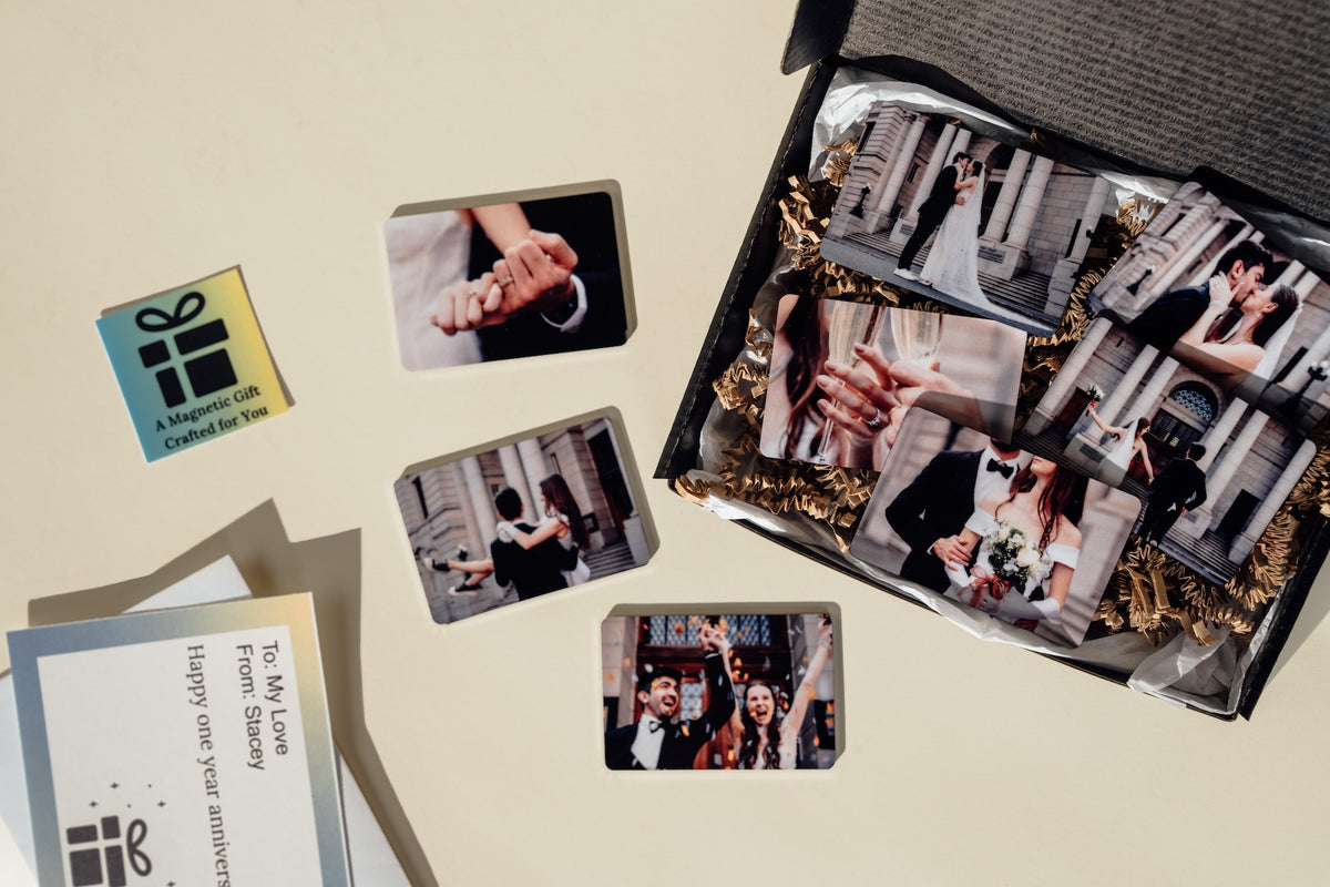 Romantic personalized wedding photo magnet - custom-printed gift for couples wrapped in a giftbox. Let AM Sublimation Gifts be the best site for personalized photo magnets and order personalized fridge magnets online today!