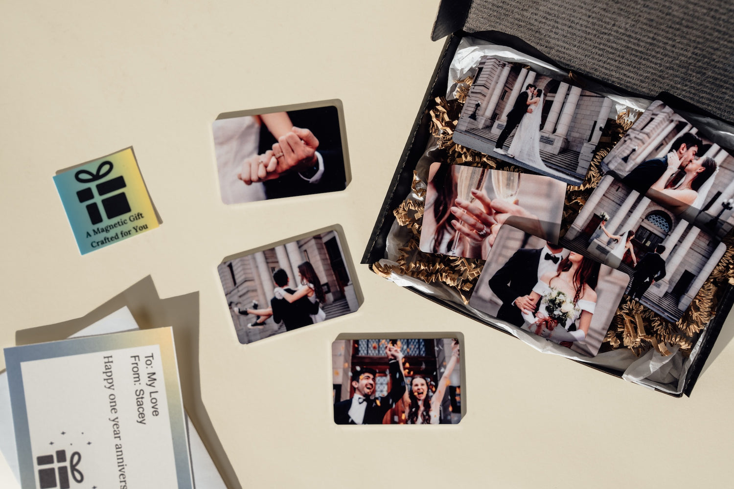 Romantic personalized wedding photo magnet - custom-printed gift for couples wrapped in a giftbox. Let AM Sublimation Gifts be the best site for personalized photo magnets and order personalized fridge magnets online today!